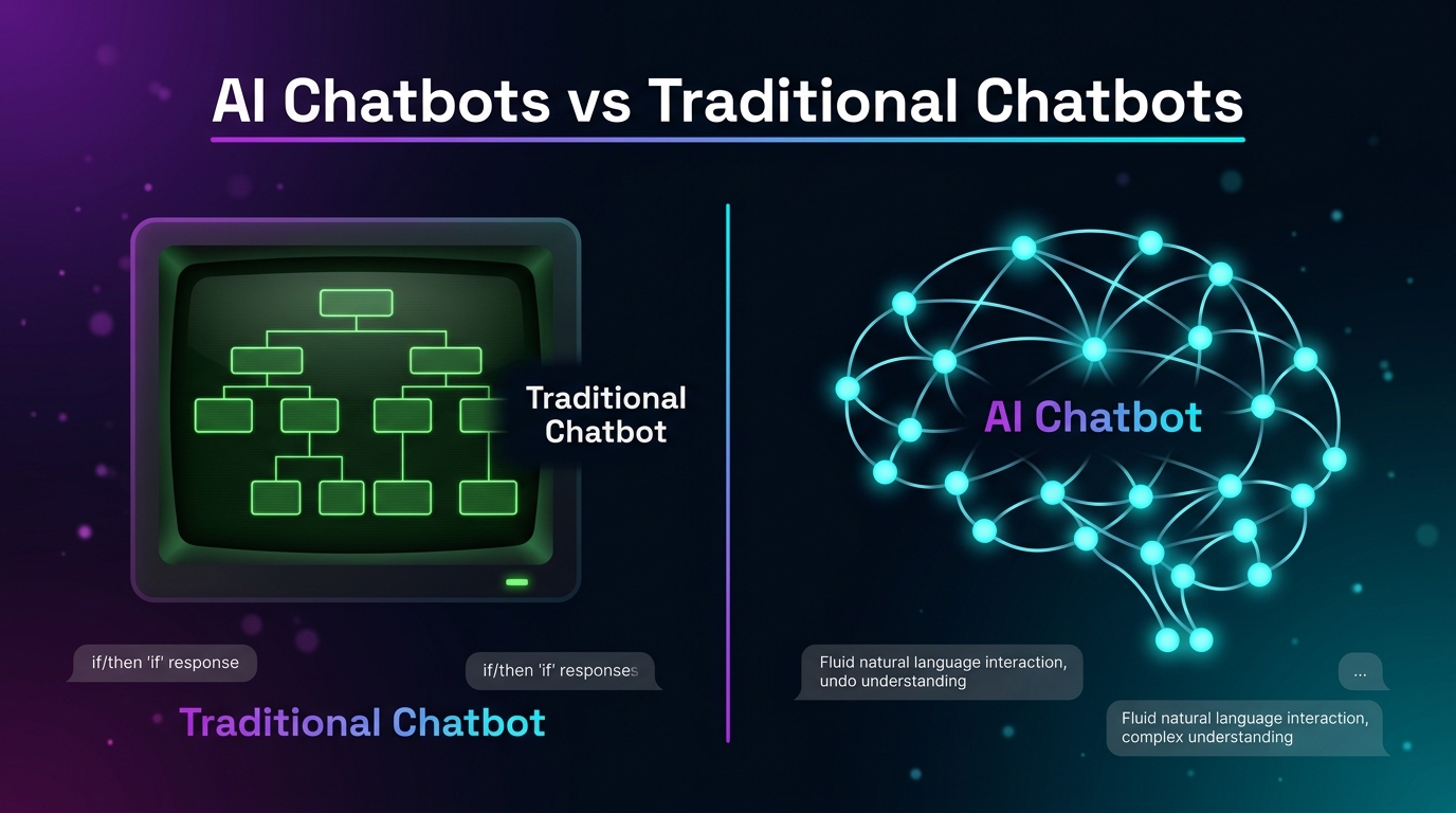 AI Chatbots vs Traditional Chatbots — comparison diagram showing decision tree vs neural network
