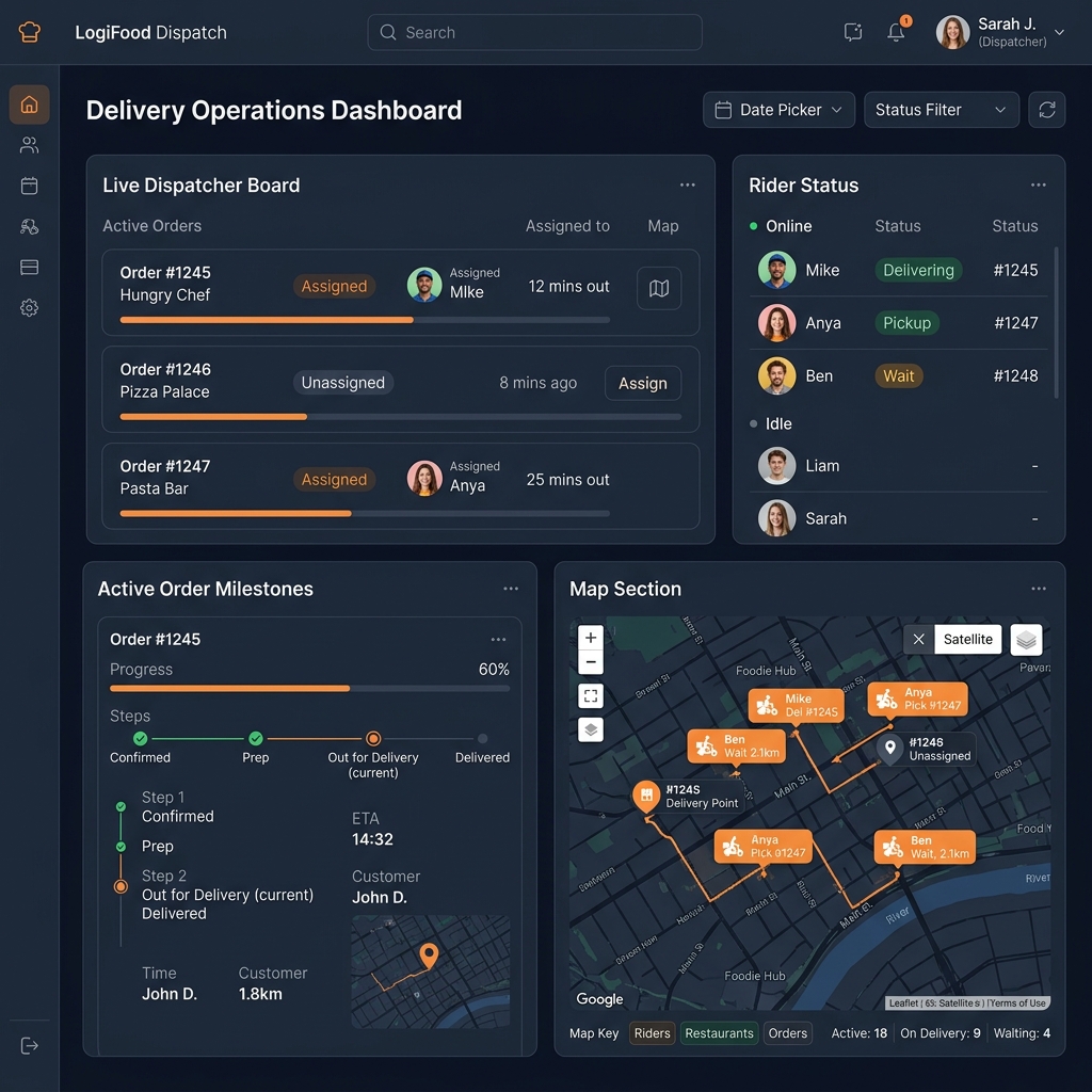 Delivery management dispatcher board and rider tracking interface